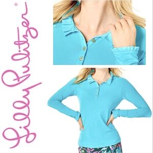 LILLY PULITZER Hutton Long Sleeve UPF 50+ Polo Top in Bali Blue XXS-S NWT